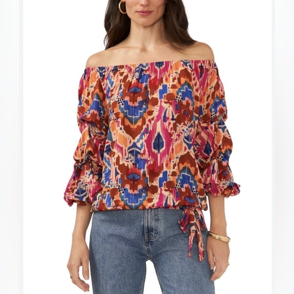 NWOT Vince Camuto Women’s Orange Printed Off The Shoulder Bubble Hem Size XL - Picture 1 of 6